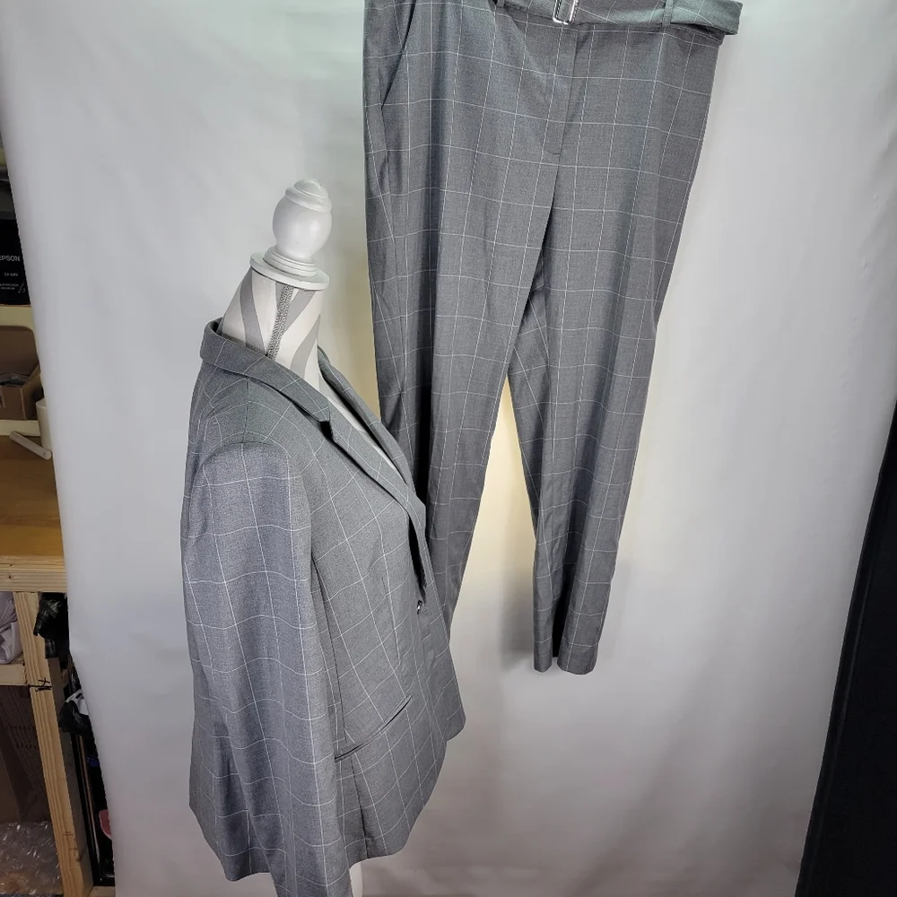 NWT Calvin Klein 2 Piece Gray White Plaid Suit Jacket & Pants w Belt Size 16 - Picture 5 of 16